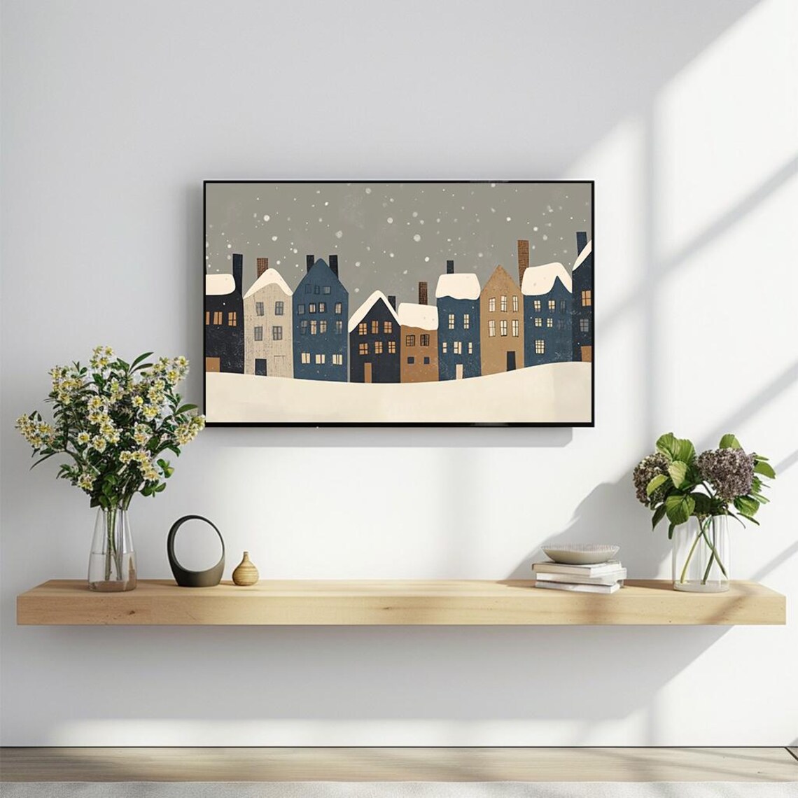 Minimalist Snowy Village Houses Flat Illustration Winter Wall Poster - Image 2