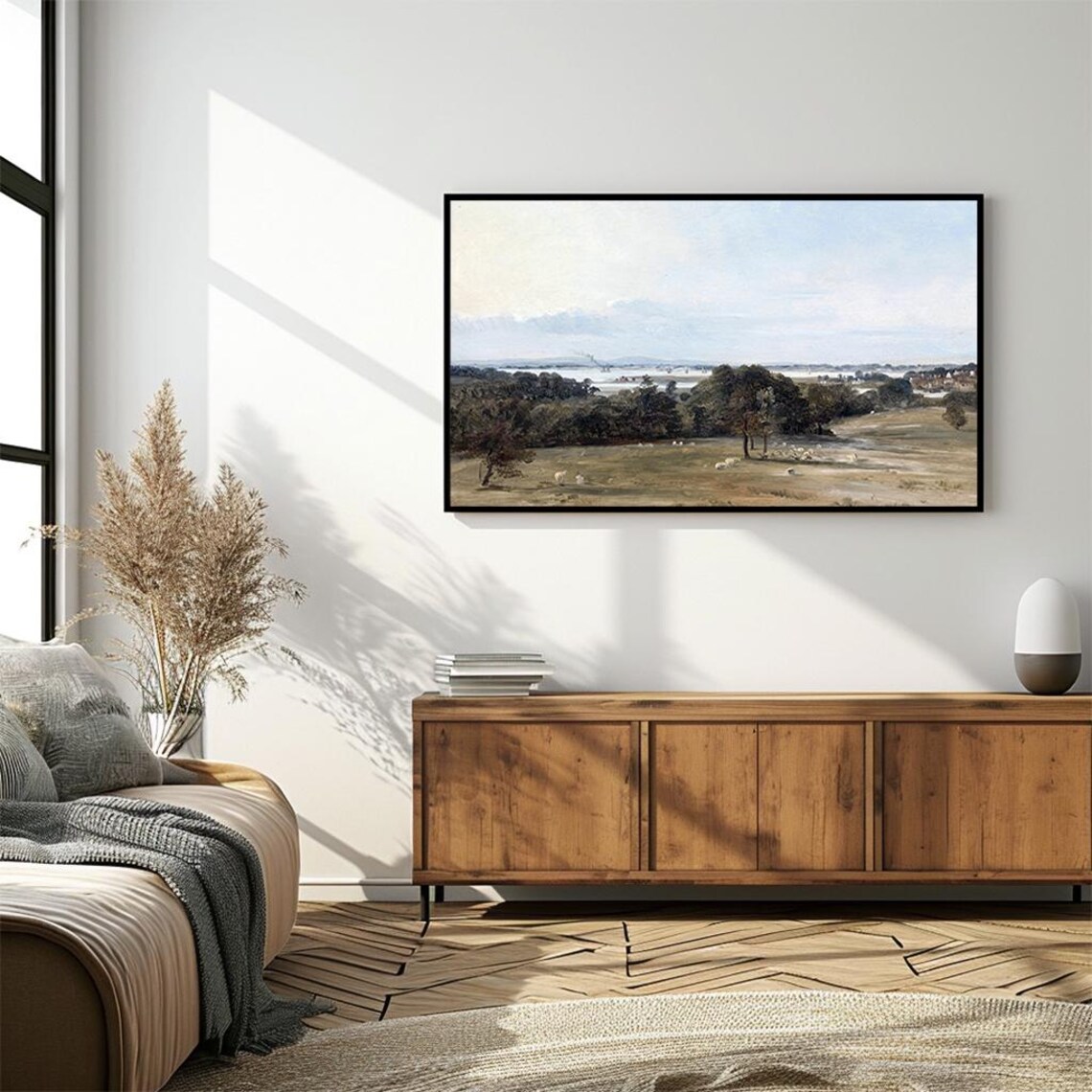 River Valley Sheep Meadow Distant Village Vintage Painting Poster - Image 4