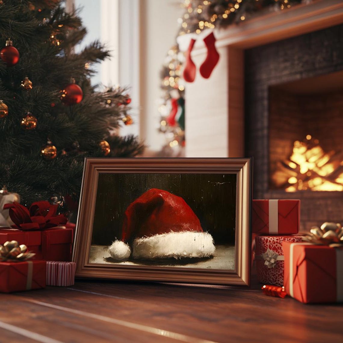 Santa Claus Red Hat Oil Painting Victorian Dark Background Poster - Image 3
