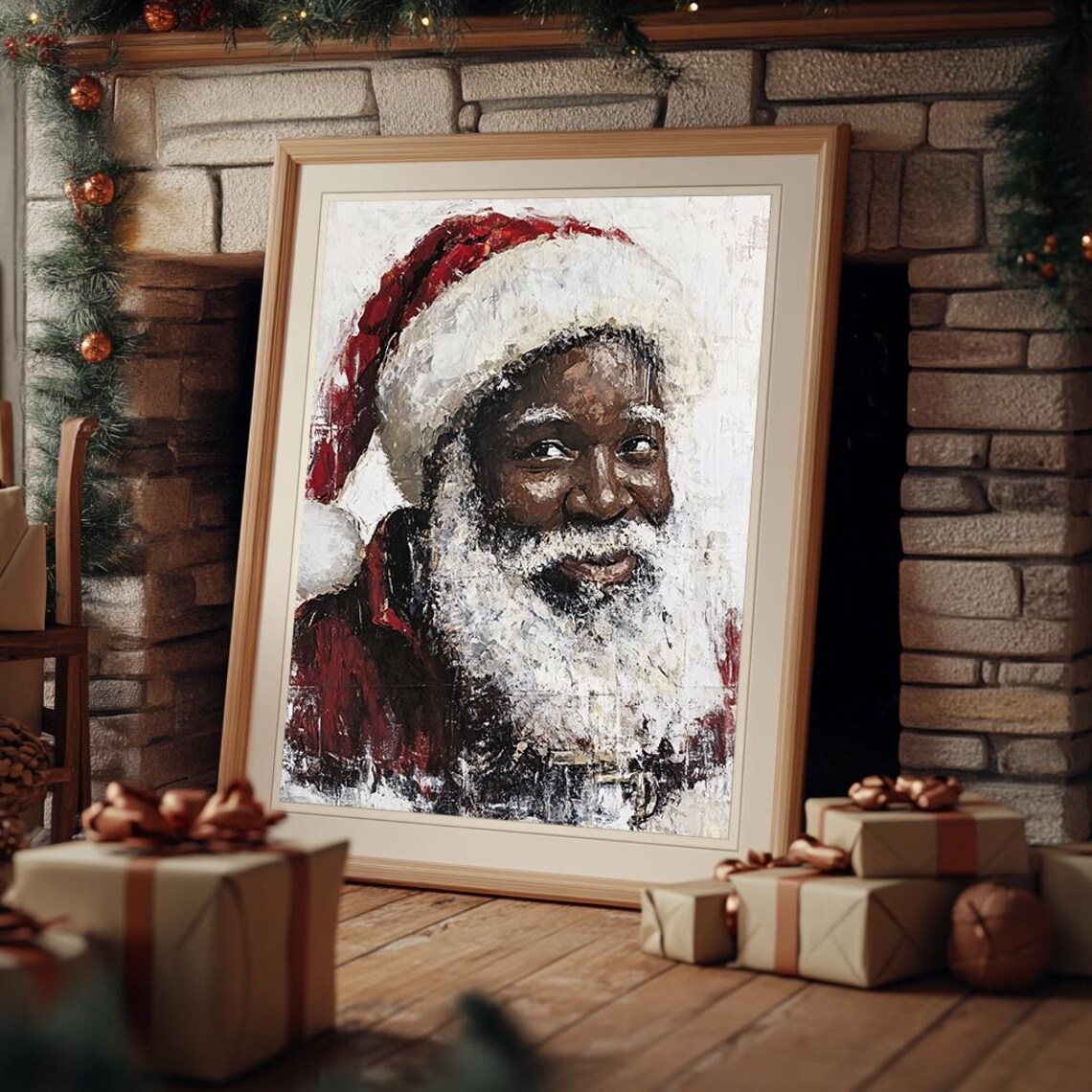 Black Santa Claus Portrait in Snowy Impasto Style Christmas Poster - Image 3