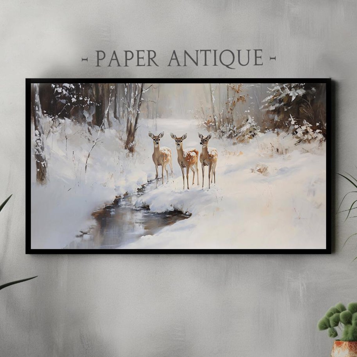 Winter Deer Painting Trio of Fawns in Snowy Forest Landscape Poster