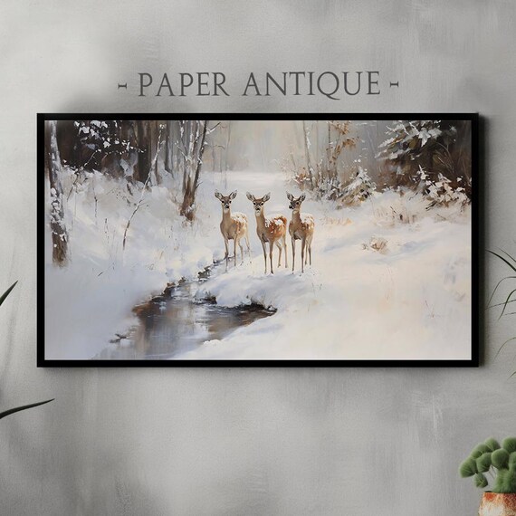 Winter Deer Painting Trio of Fawns in Snowy Forest Landscape Poster