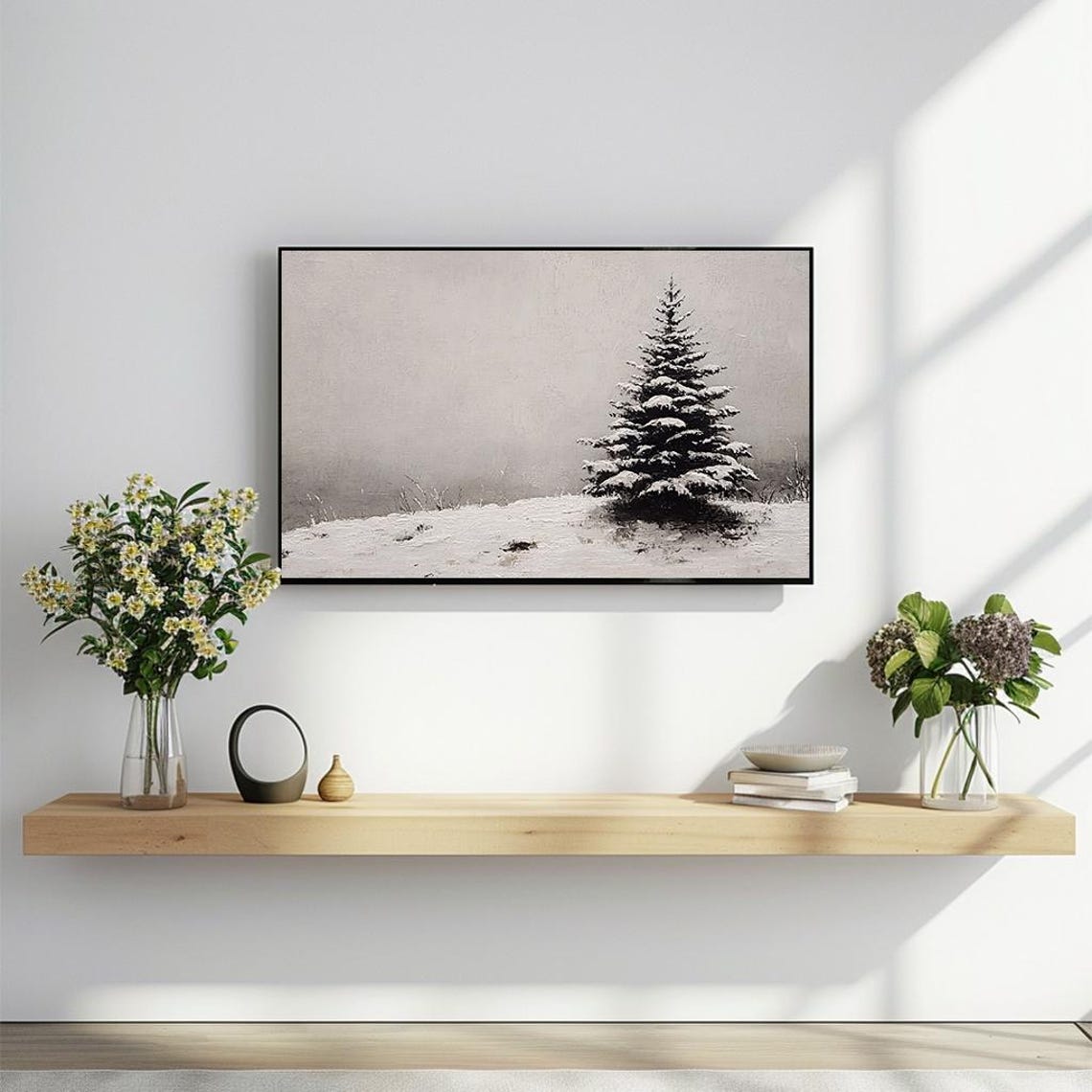 Snowy Pine Tree In Open Field Minimalist Oil Painting Winter Poster - Image 2