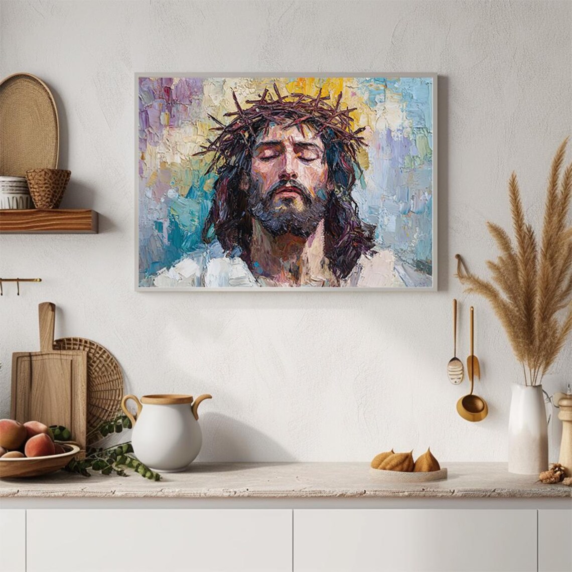 Jesus Crown of Thorns Colorful Impasto Portrait Religious Painting Poster - Image 4