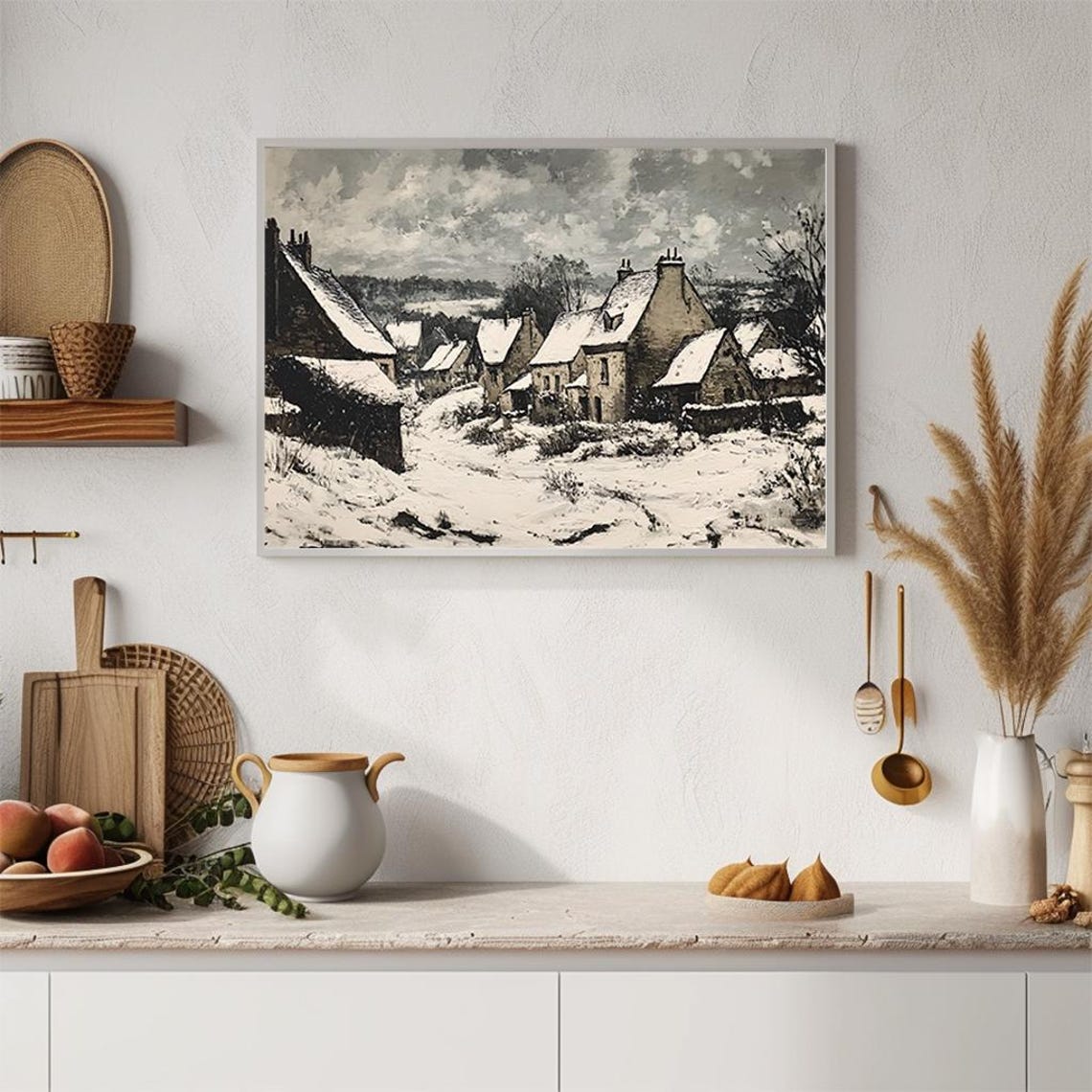 Snowy Village Monochrome Stone Cottages Winter Painting Poster - Image 4