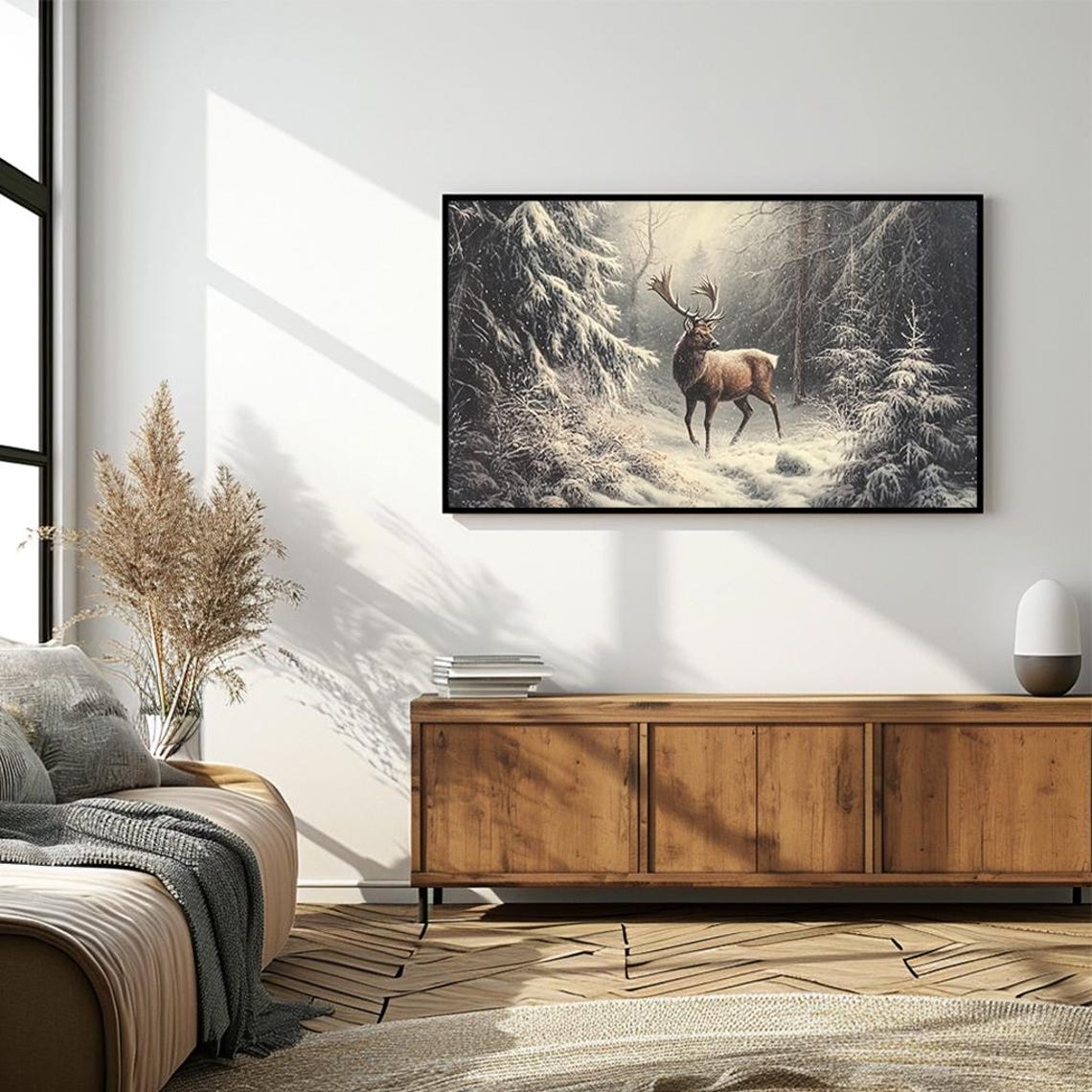 Majestic Winter Stag Standing in a Snow Covered Forest Poster - Image 4