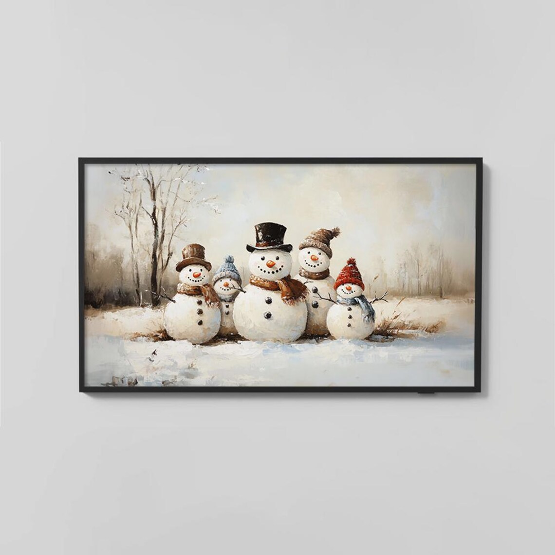 Family Of Five Snowmen In Snowy Landscape Charming Winter Poster - Image 2