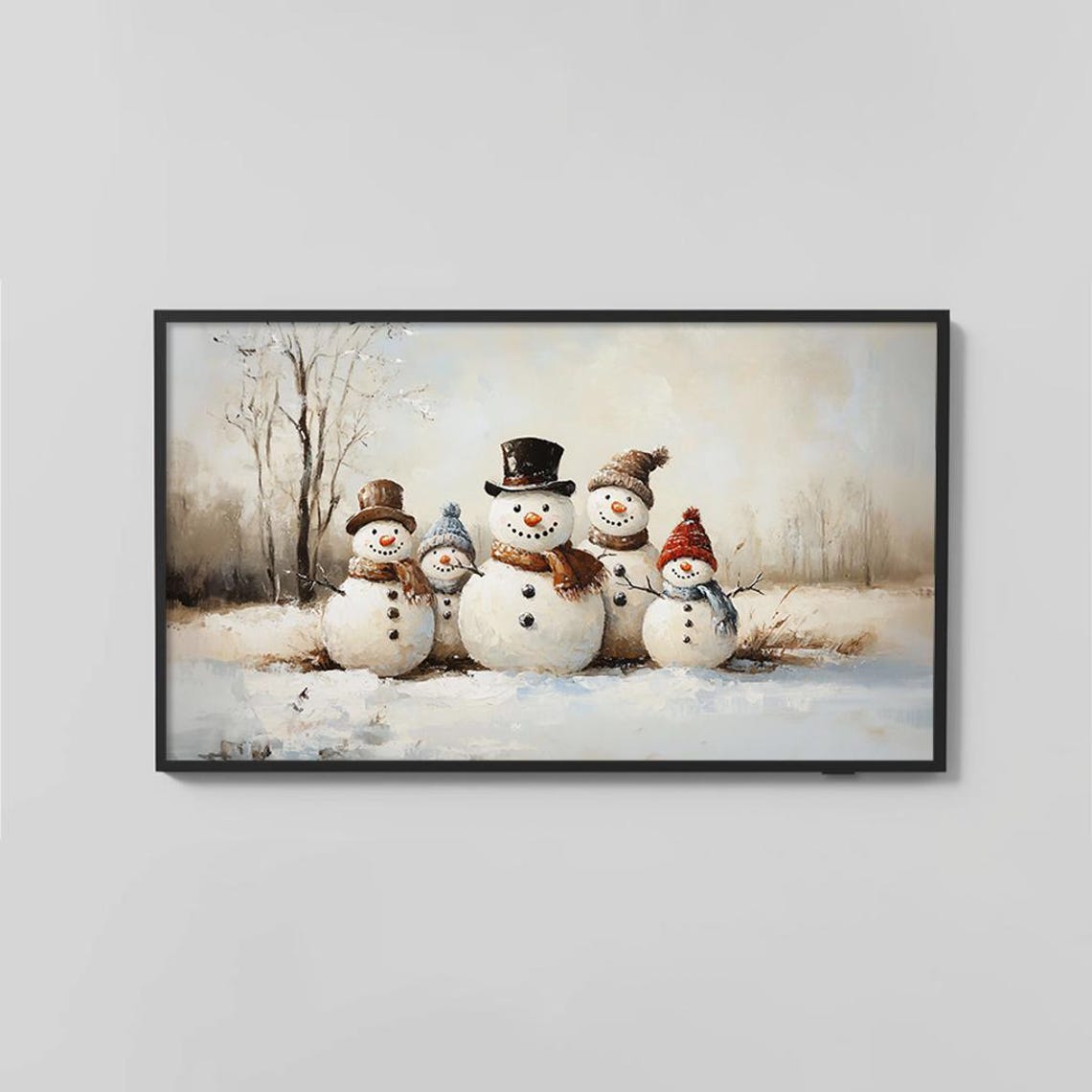 Frame Tv Art Family Of Snowmen In Winter Snowy Landscape Charming Holiday Painting Rustic Christmas Scene Art For Frame Tv Vintage - Image 2