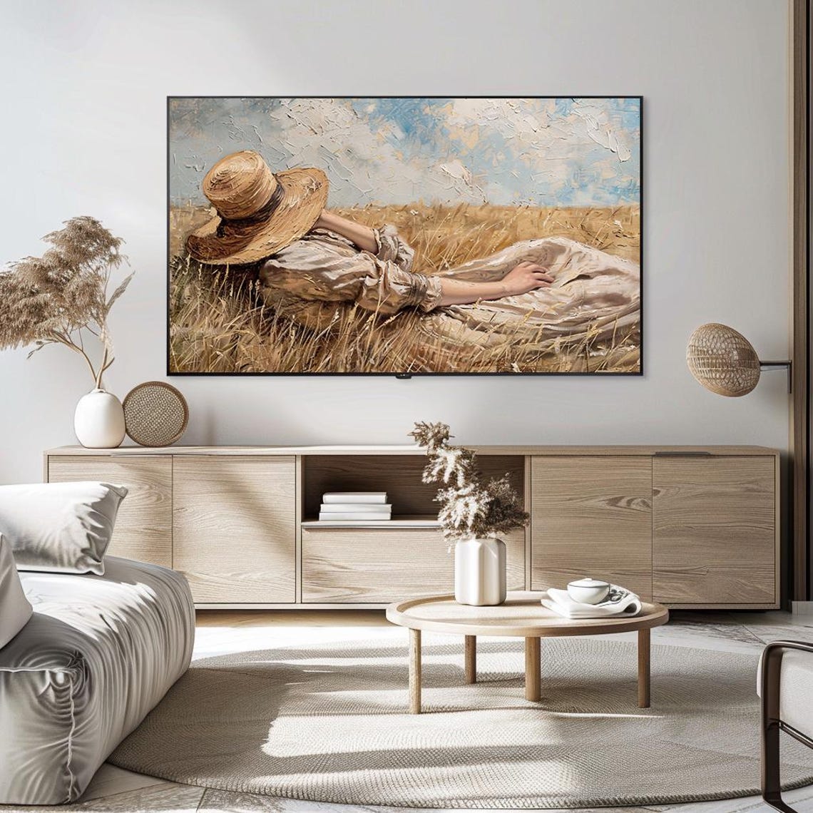 Woman Resting in Wheat Field Wearing Straw Hat Summer Poster - Image 5