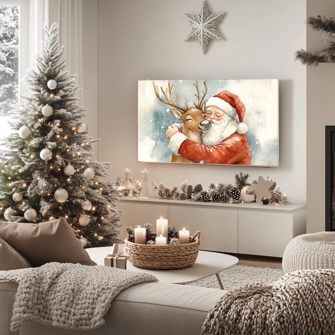 Santa Hugging Reindeer Watercolor Painting Whimsical Christmas Poster - Image 5