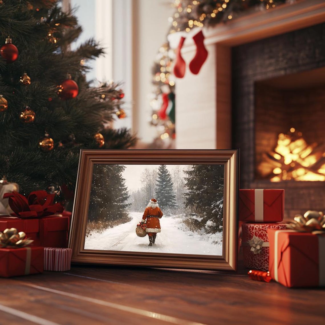 Santa Walking Snowy Forest Gift Bag Falling Snow Painting Poster - Image 3