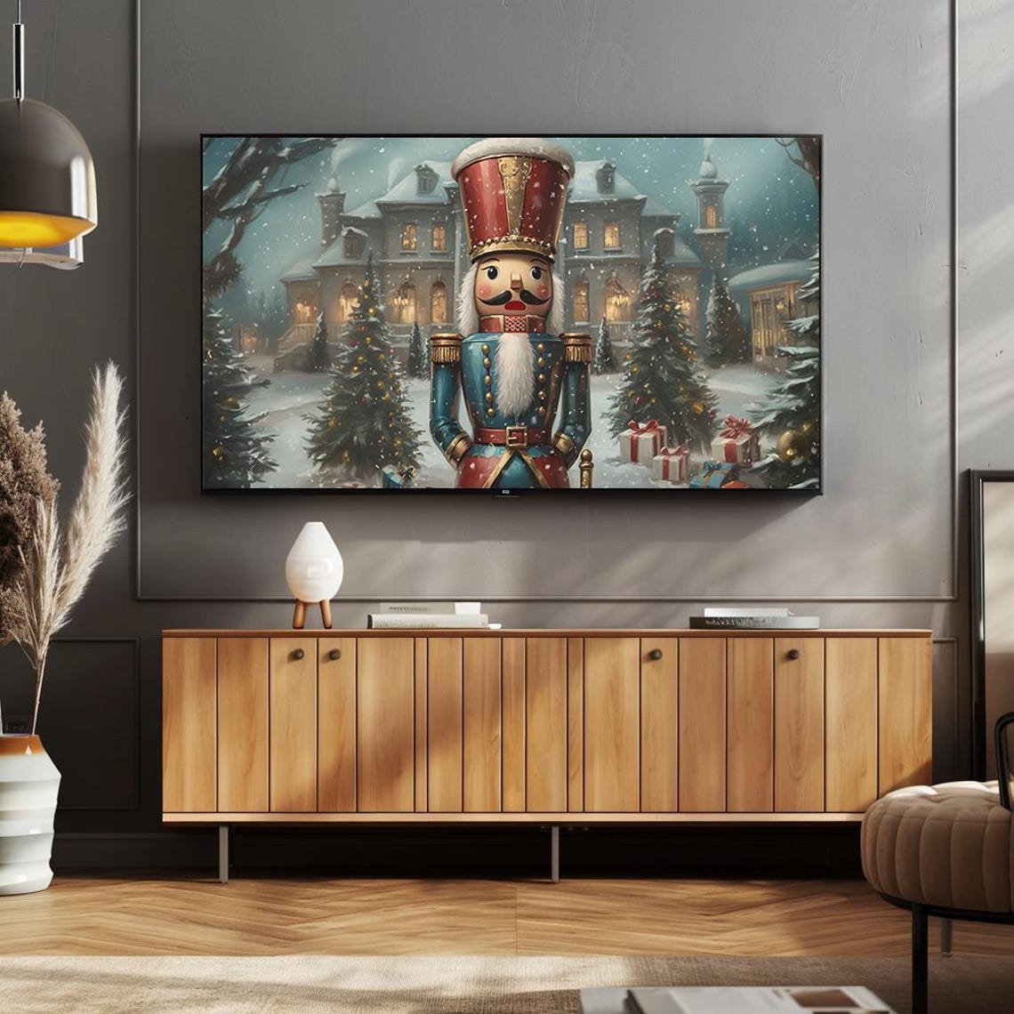 Nutcracker Soldier Snowy Village Scene Christmas Painting Poster - Image 4