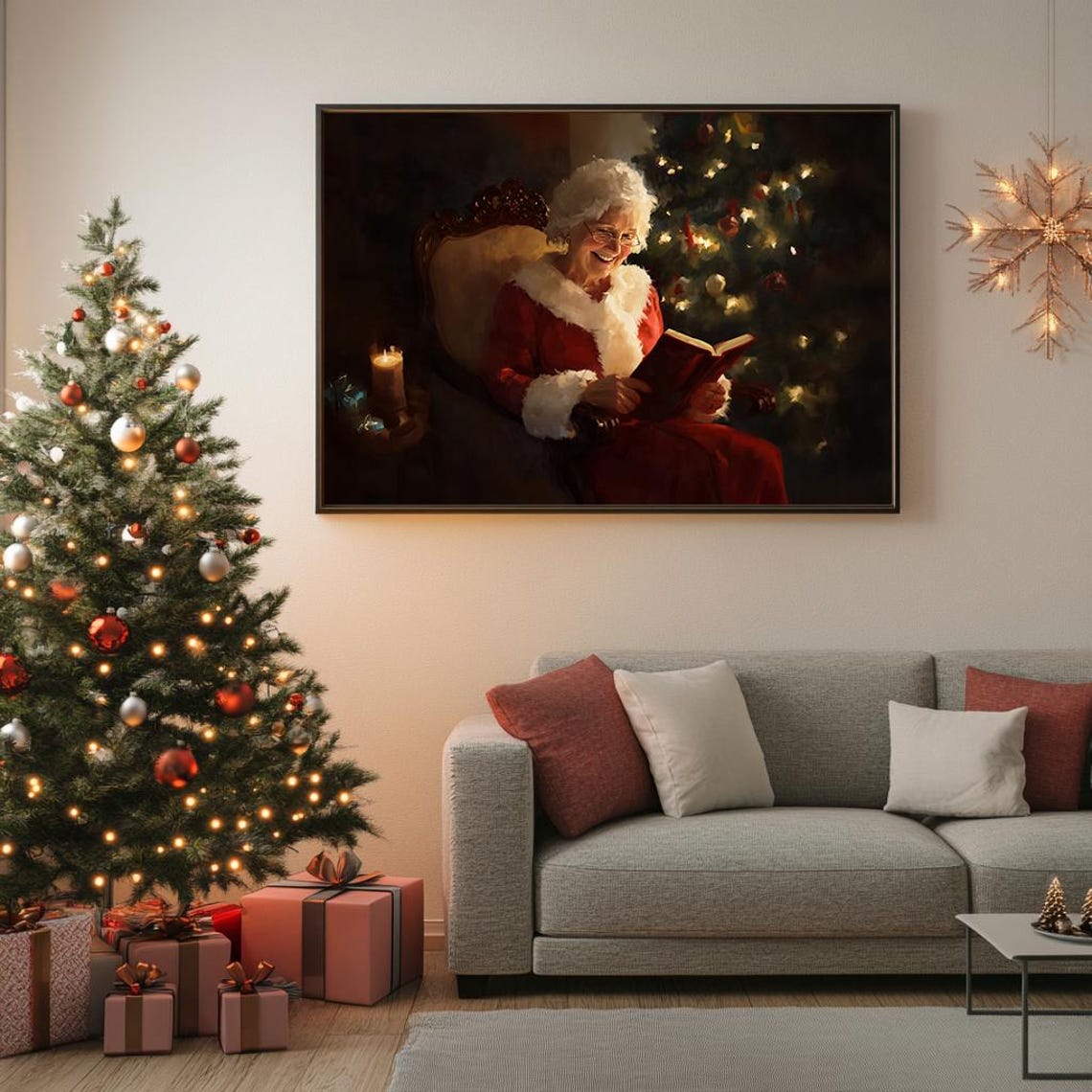 Mrs Claus Reading Book Cozy Christmas Painting Vintage Poster - Image 5