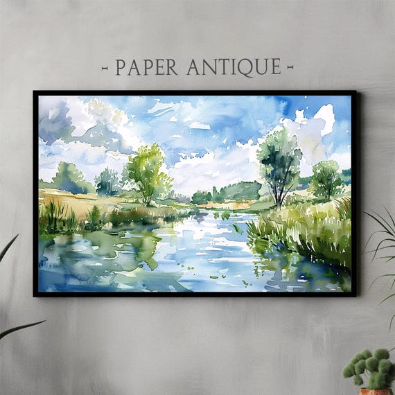 Frame Tv Art Serene River Landscape In Watercolor Style Peaceful Nature Scene With Trees And Sky Art For Frame Tv Instant