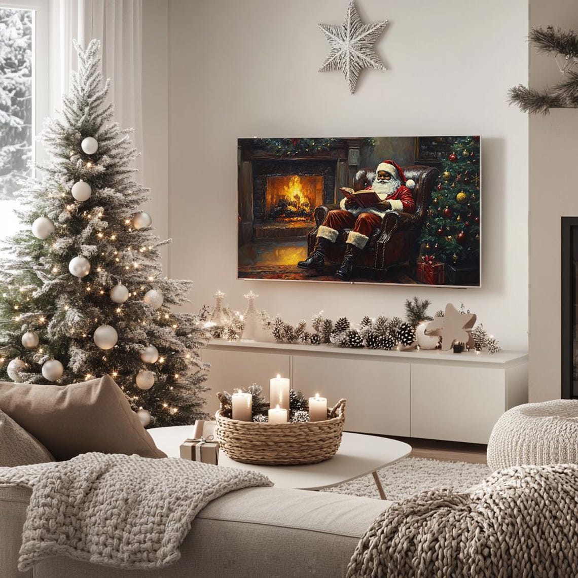 Santa Relaxing by Fireplace Cozy Christmas Oil Painting Poster - Image 5