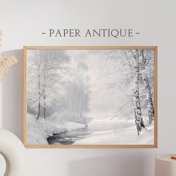 Snowy Birch Trees Frozen River Soft White Winter Landscape Poster