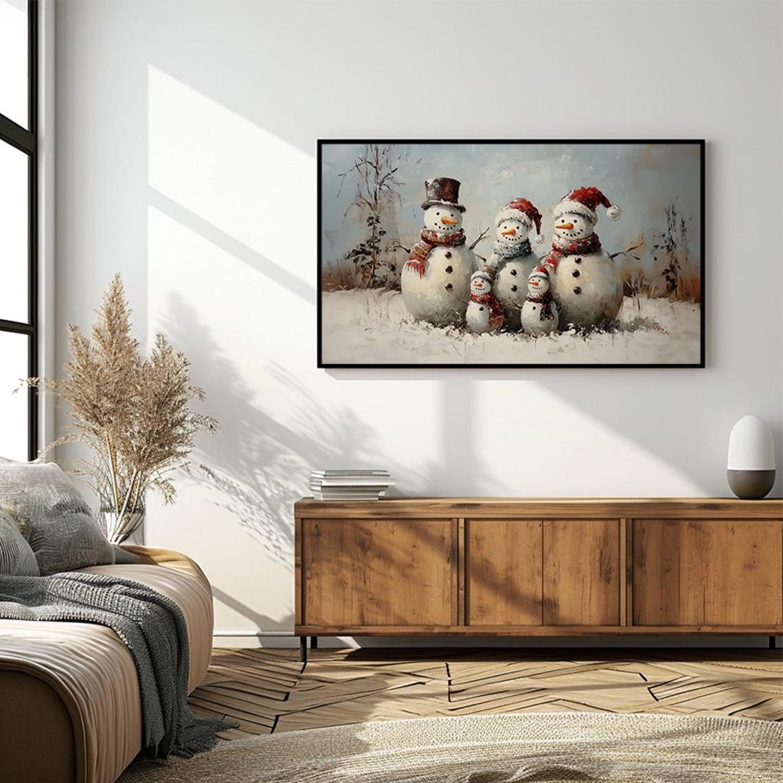 Snowman Family Whimsical Winter Scene Festive Painting Poster - Image 4