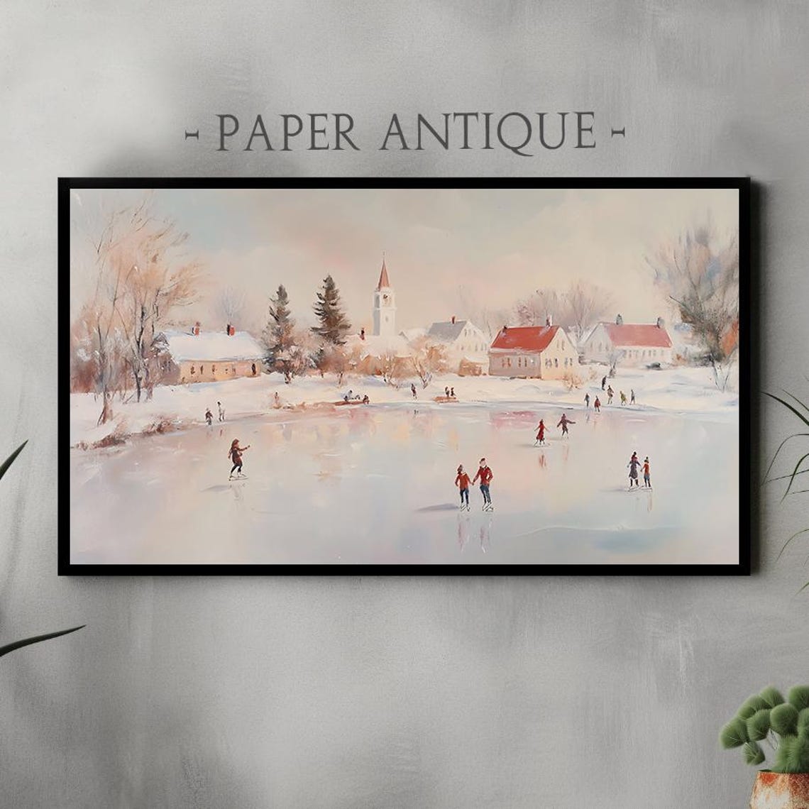 Ice Skating Winter Village Scene Nostalgic Oil Painting Snowy Poster