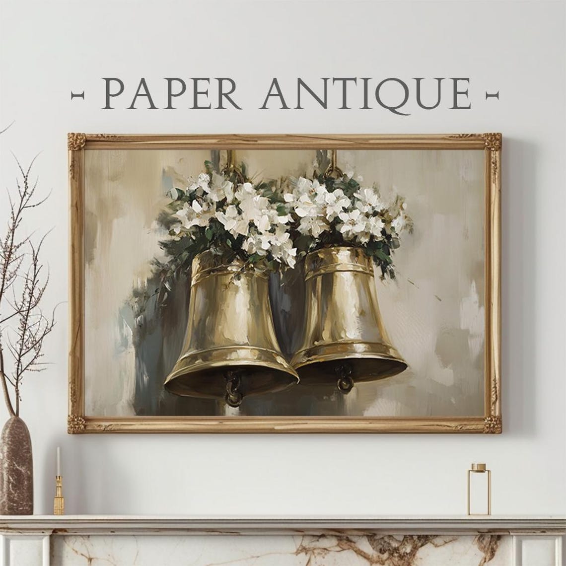 Golden Bells With White Flowers Elegant Oil Painting Christmas Poster