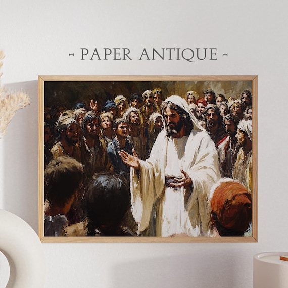 Jesus Christ Sermon to the Crowd Painterly Biblical Scene Poster