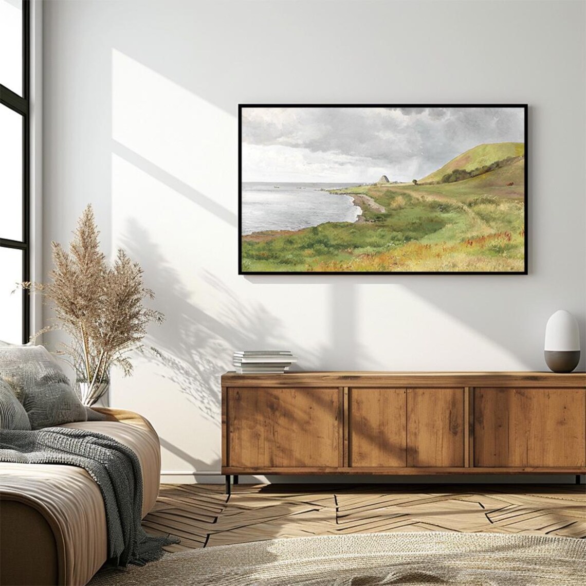 Coastal Bay Green Hills Vintage Seaside Landscape Oil Painting Poster - Image 4