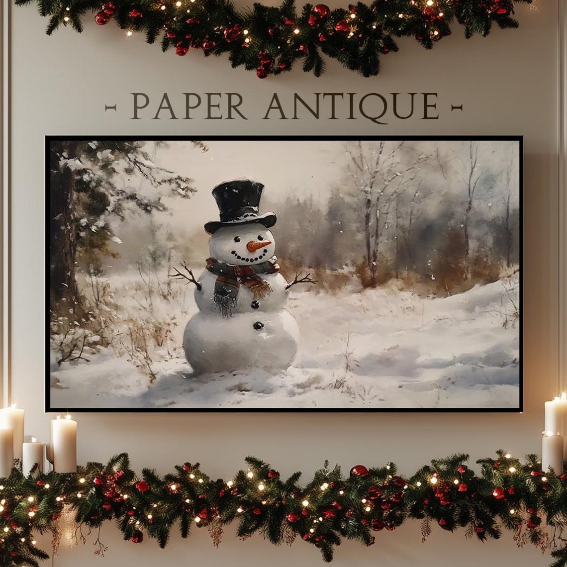 Cheerful Snowman With Top Hat Snowy Woodland Winter Scene Poster