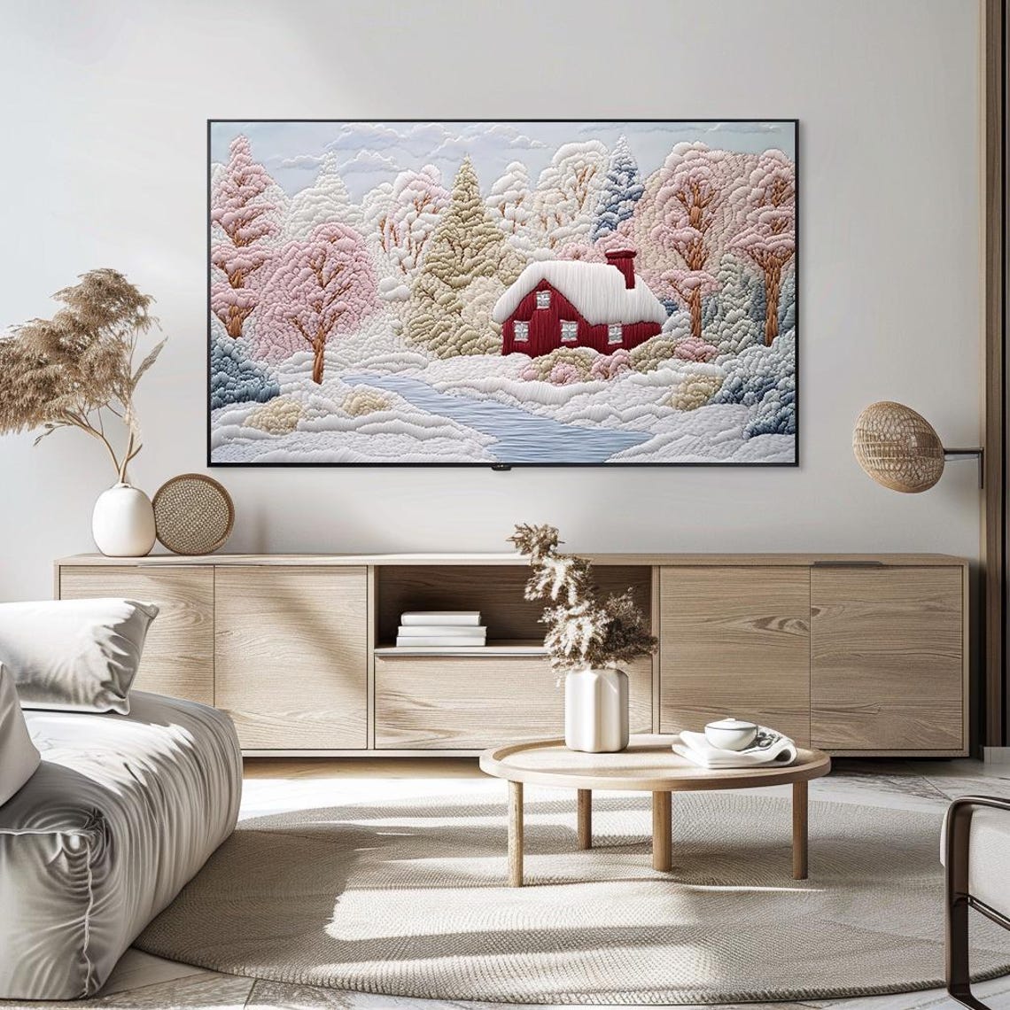 Cozy Winter Cabin Embroidery Style Scenic Snowy Landscape Poster - Image 5