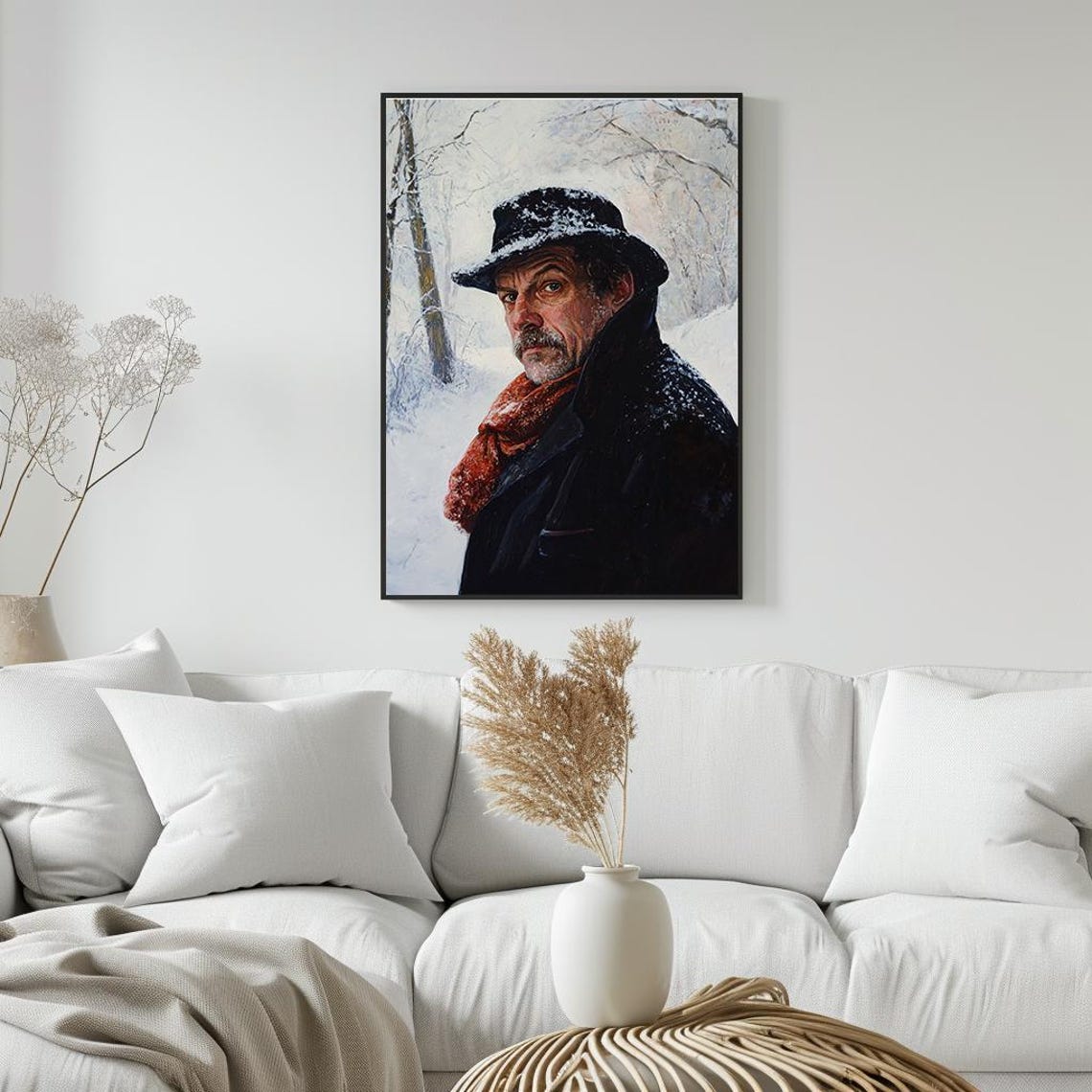Man In Snowy Winter Red Scarf Moody Portrait Painting Poster - Image 5