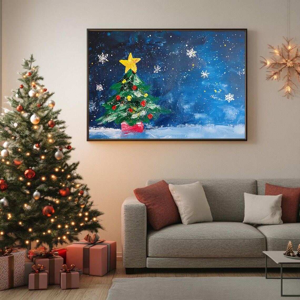 Christmas Tree Painting Starry Night Holiday Wall Art Festive Winter Decor Whimsical Artwork Instant Ls - Image 5