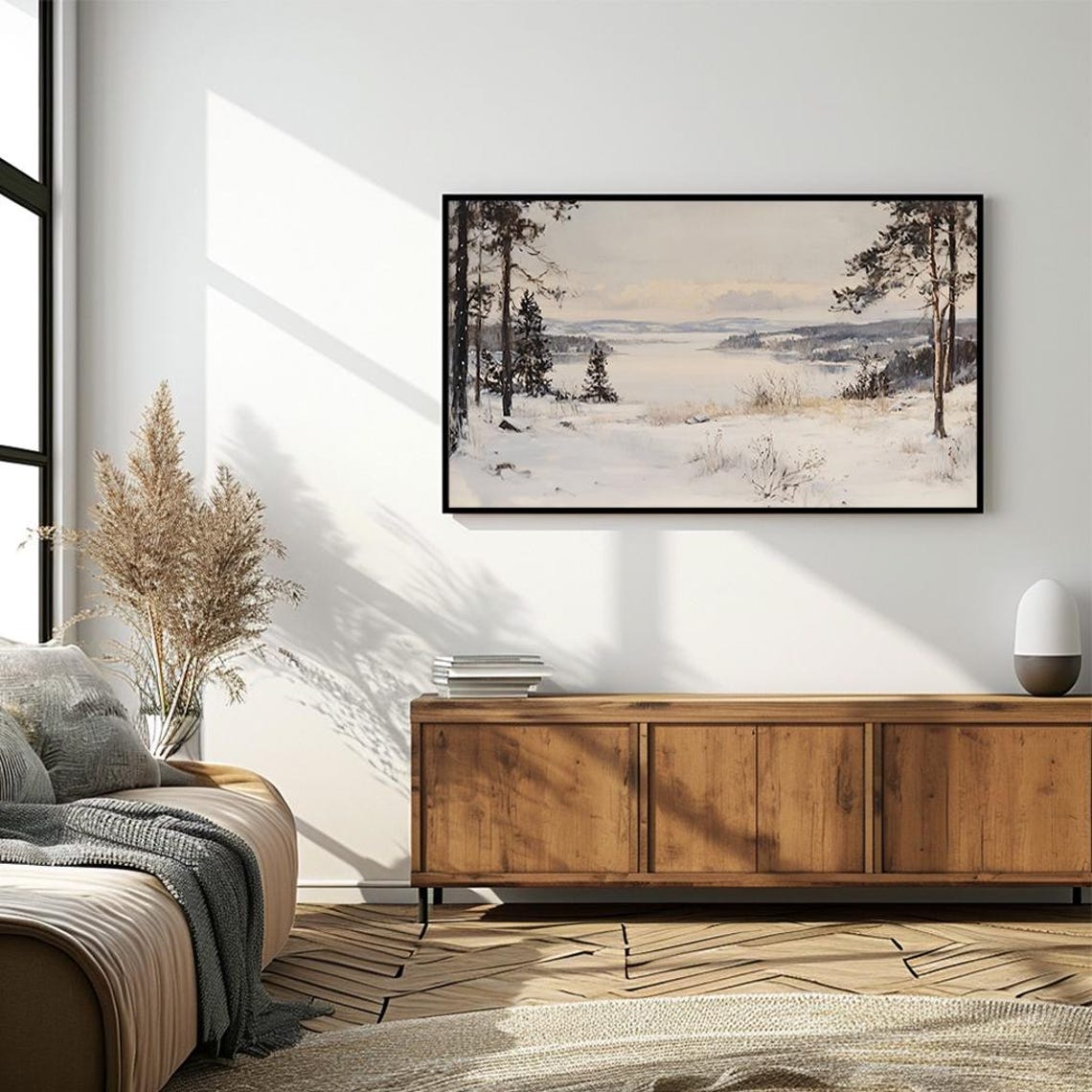 Serene Winter Landscape Painting Tranquil Snowy Valley Poster - Image 4