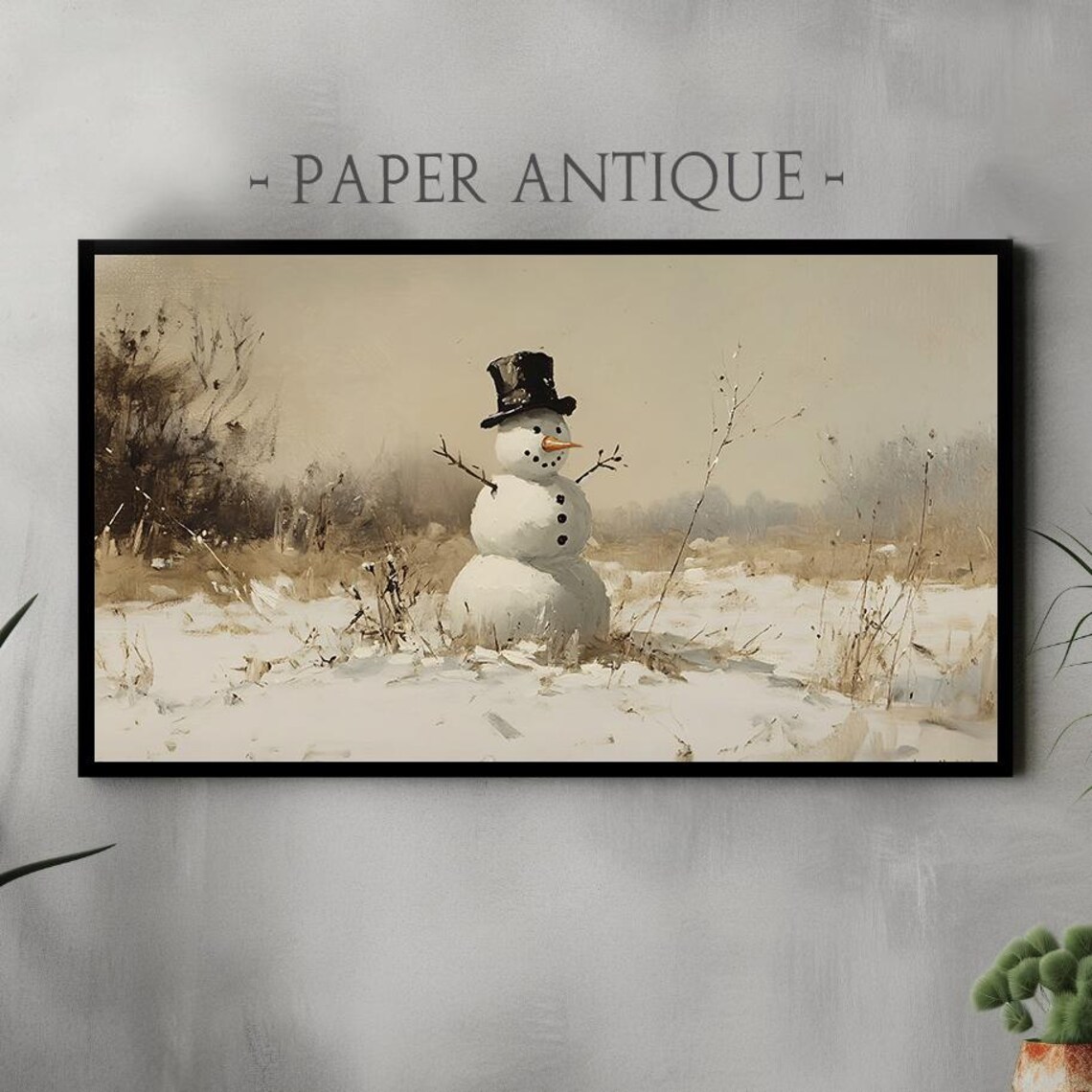 Snowman In Winter Landscape Vintage Oil Painting Cozy Holiday Poster