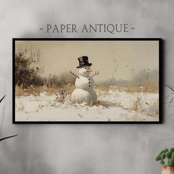 Snowman In Winter Landscape Vintage Oil Painting Cozy Holiday Poster