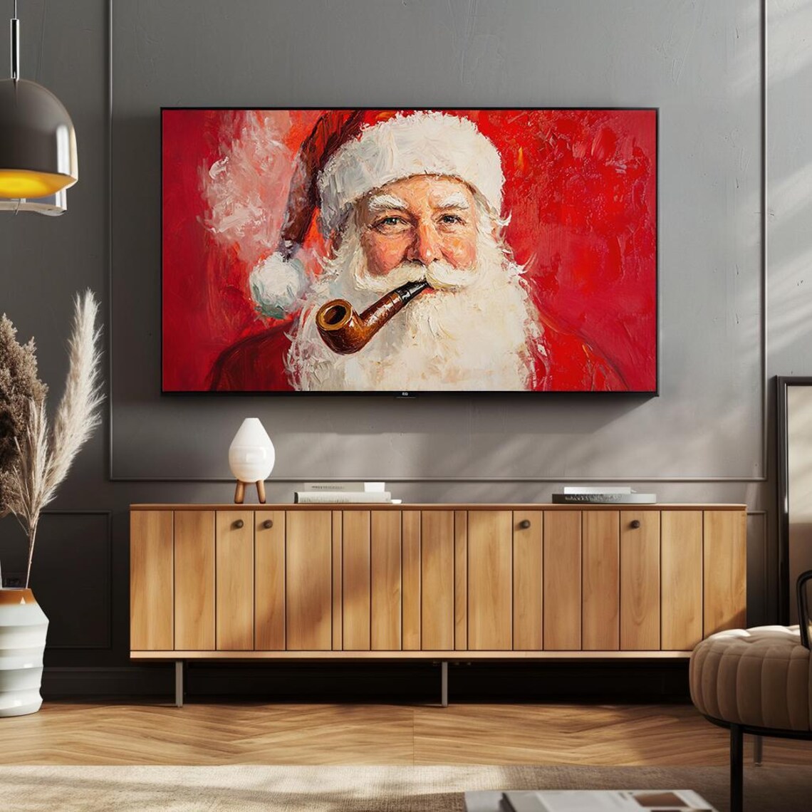 Classic Santa Smoking Pipe Oil Painting Bold Red Vintage Poster - Image 4