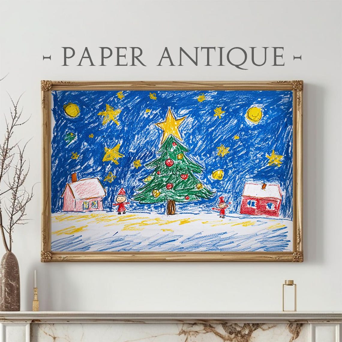 Childlike Crayon Drawing Christmas Tree Starry Night Kids Art Poster