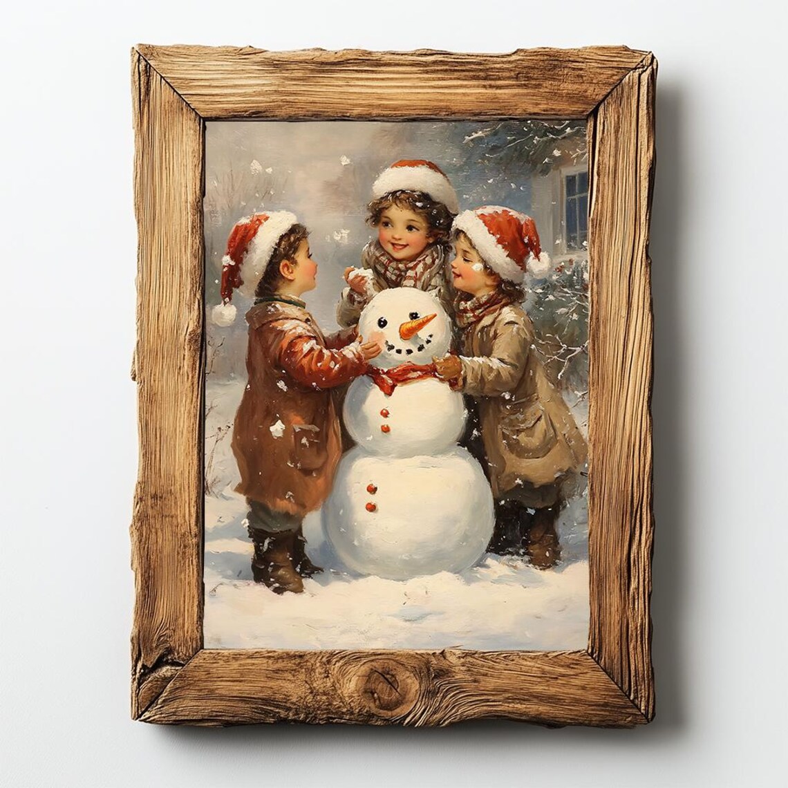 Children Building A Snowman In Vintage Christmas Painting Poster - Image 2