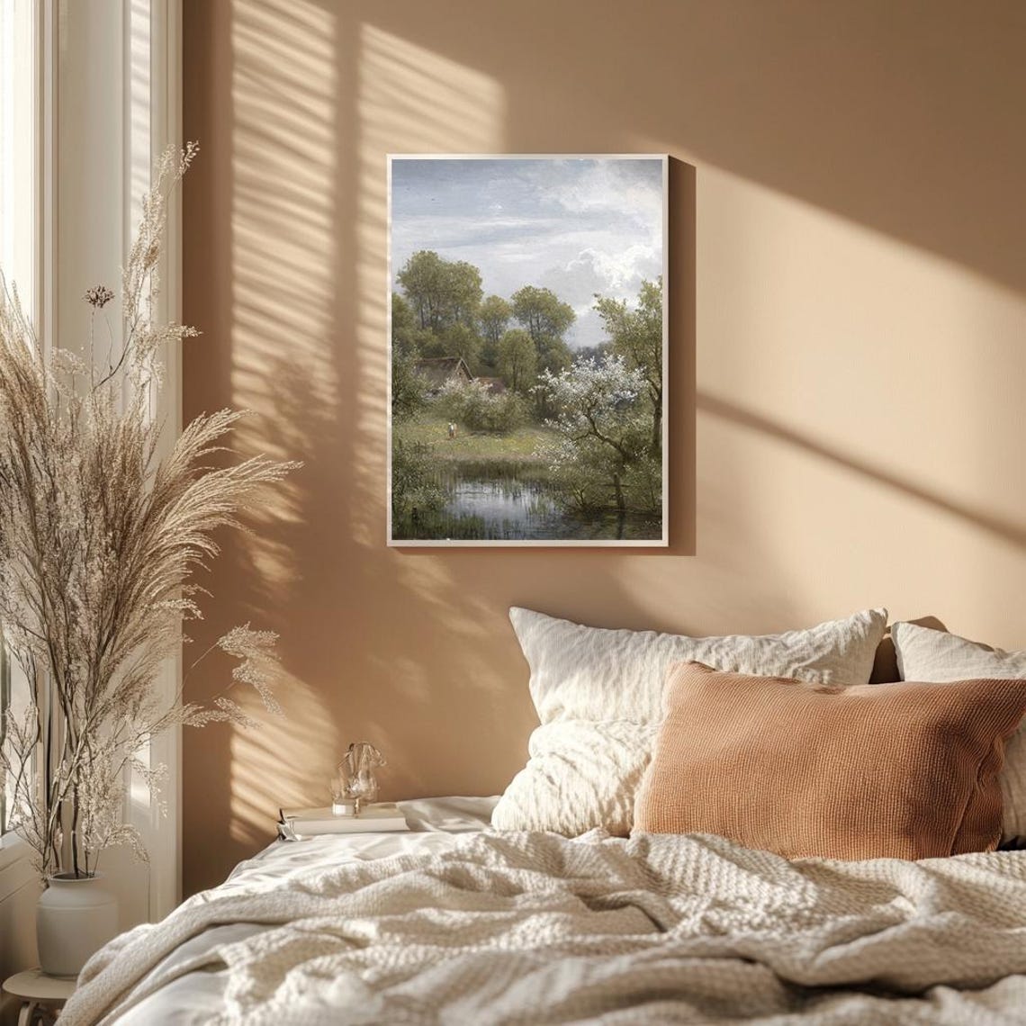 Cottage By A Pond Flowering Tree Serene Country Painting Poster - Image 2