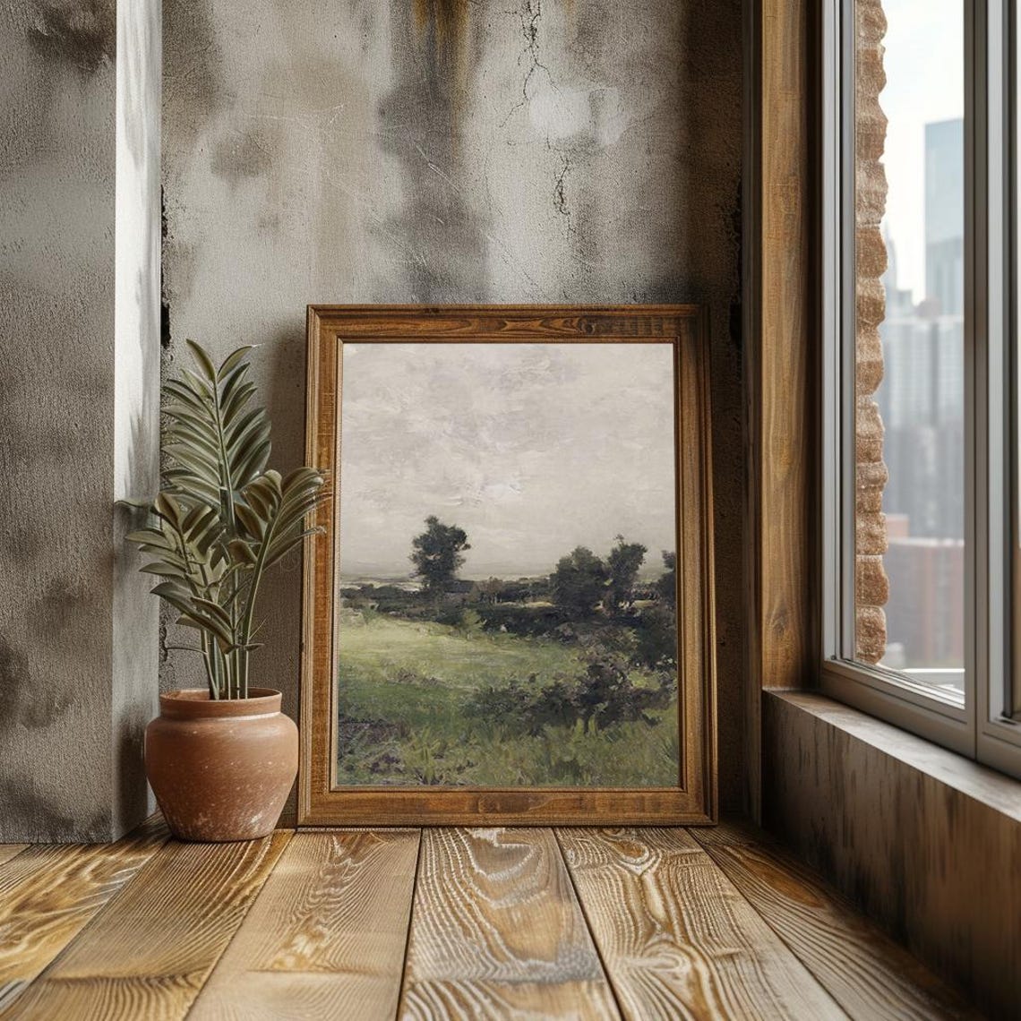 Lone Tree In Green Meadow Cloudy Sky Minimalist Country Poster - Image 3