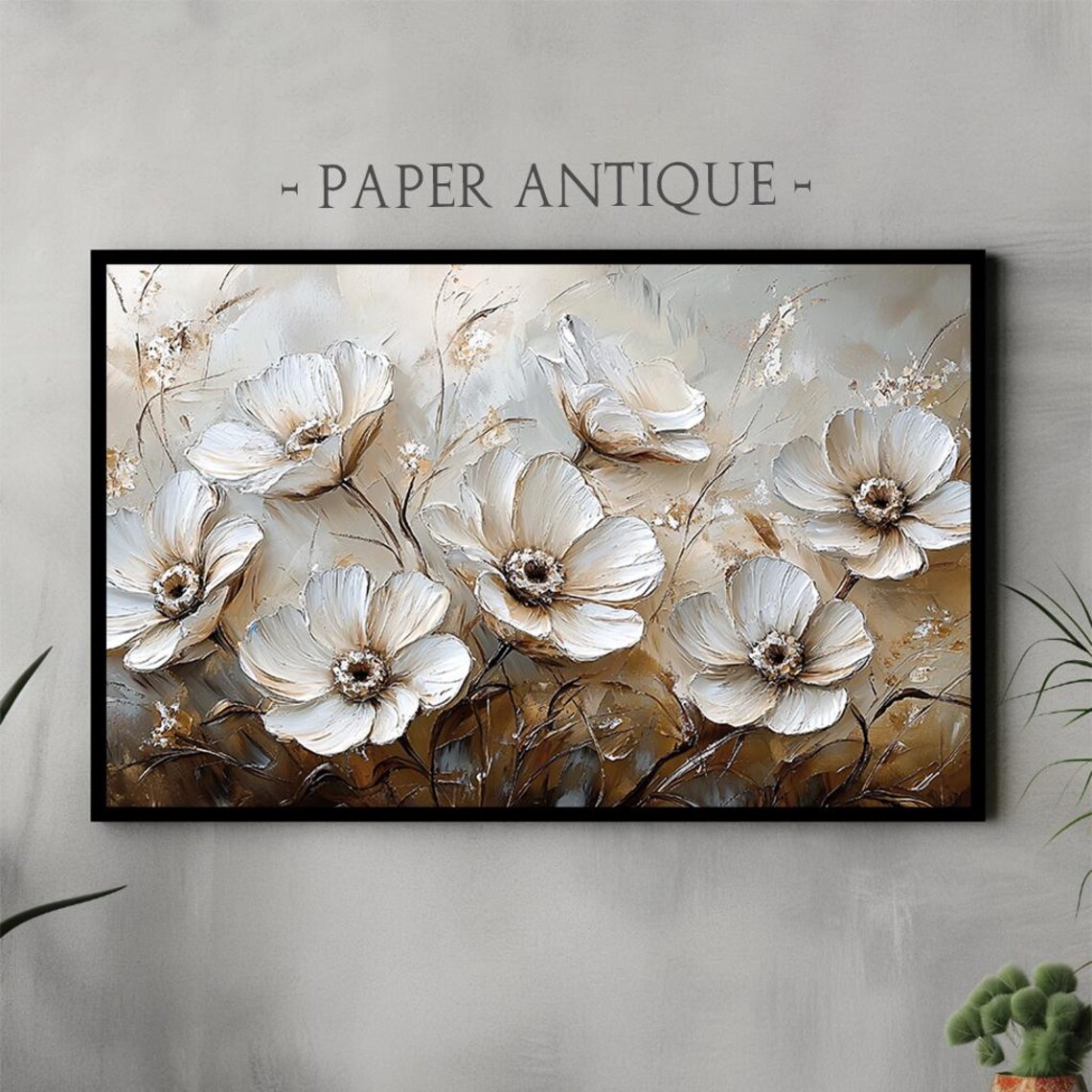 White Anemones Textured Impasto Warm Beige Floral Oil Painting Poster