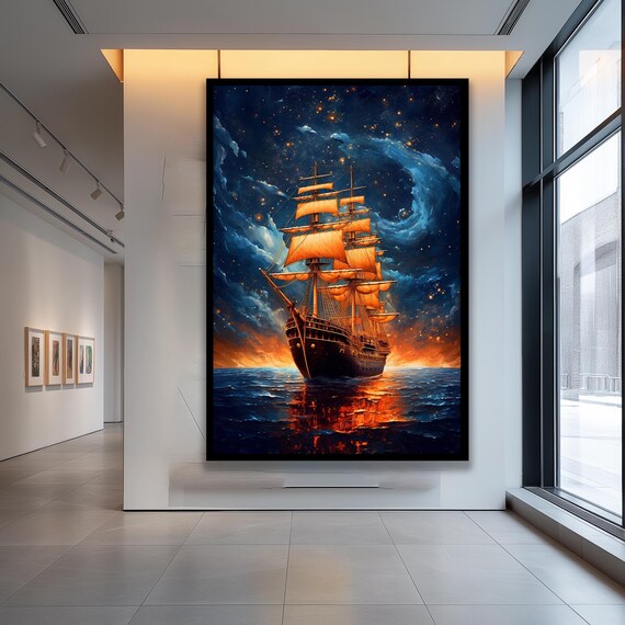 Nautical Canvas Wall Art Tall Ship At Sea Starry Sky Ocean Painting Maritime Sailboat Home Office Decor