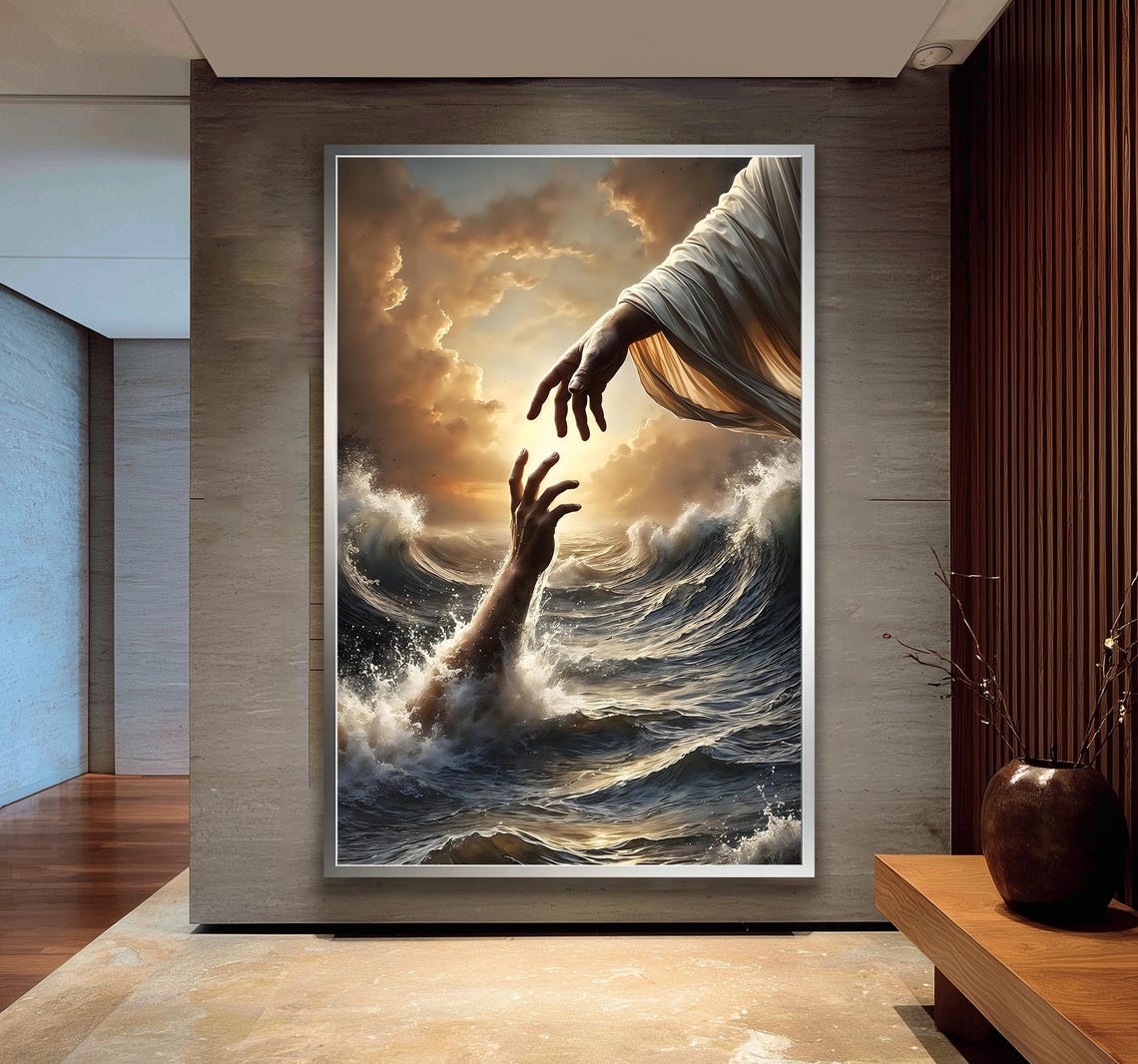 Divine Hand Reaching To Save From Stormy Waves Inspirational Poster