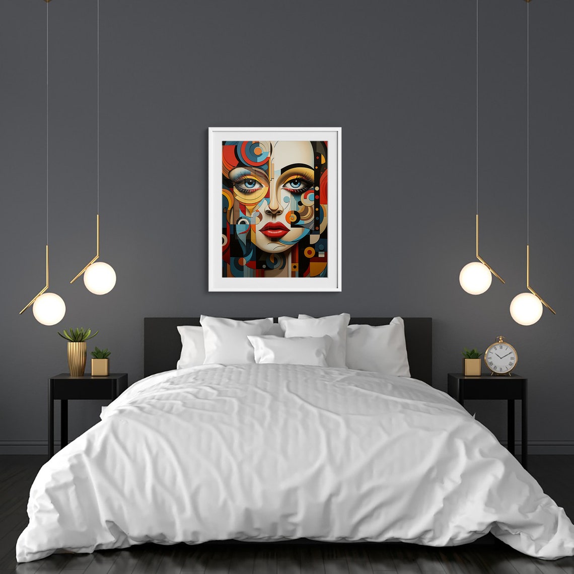 Colorful Cubist Woman Portrait with Blue Eyes and Red Lips Poster - Image 3