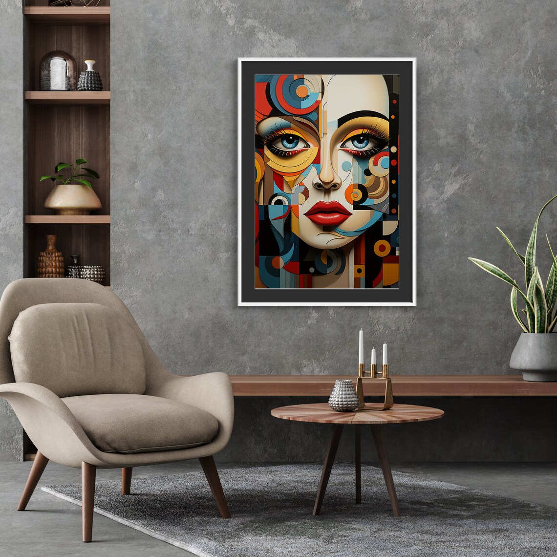 Colorful Cubist Woman Portrait with Blue Eyes and Red Lips Poster - Image 5