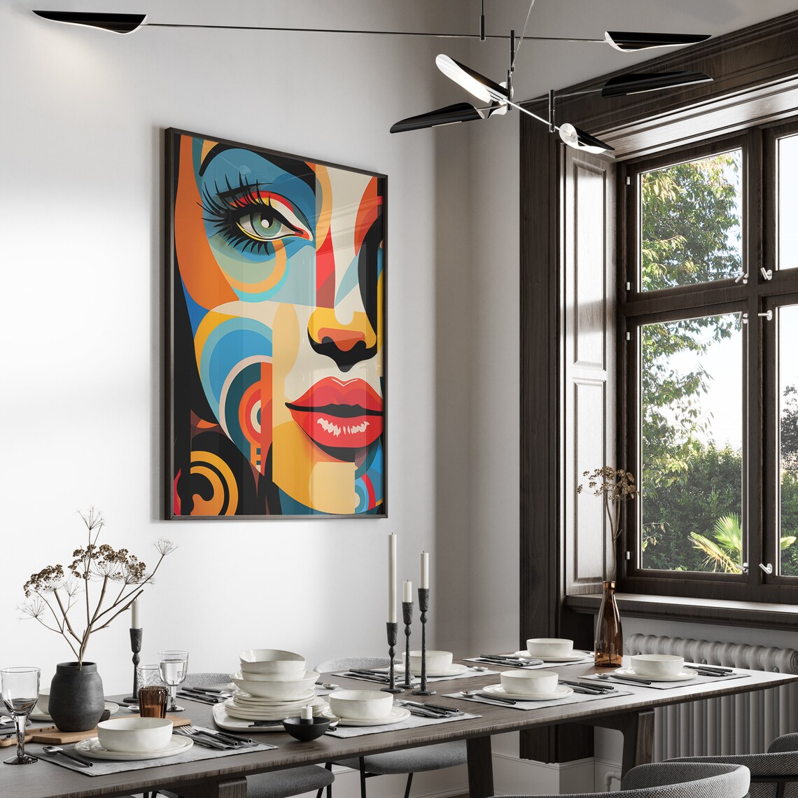 Bold Pop Art Cubist Woman Face with Red Lips and Blue Geometry Poster - Image 5