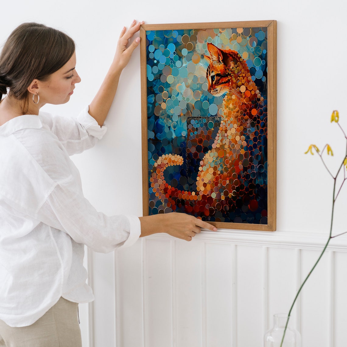 Pointillist Orange Tabby Cat Mosaic Dot Painting Blue Decor Poster - Image 6