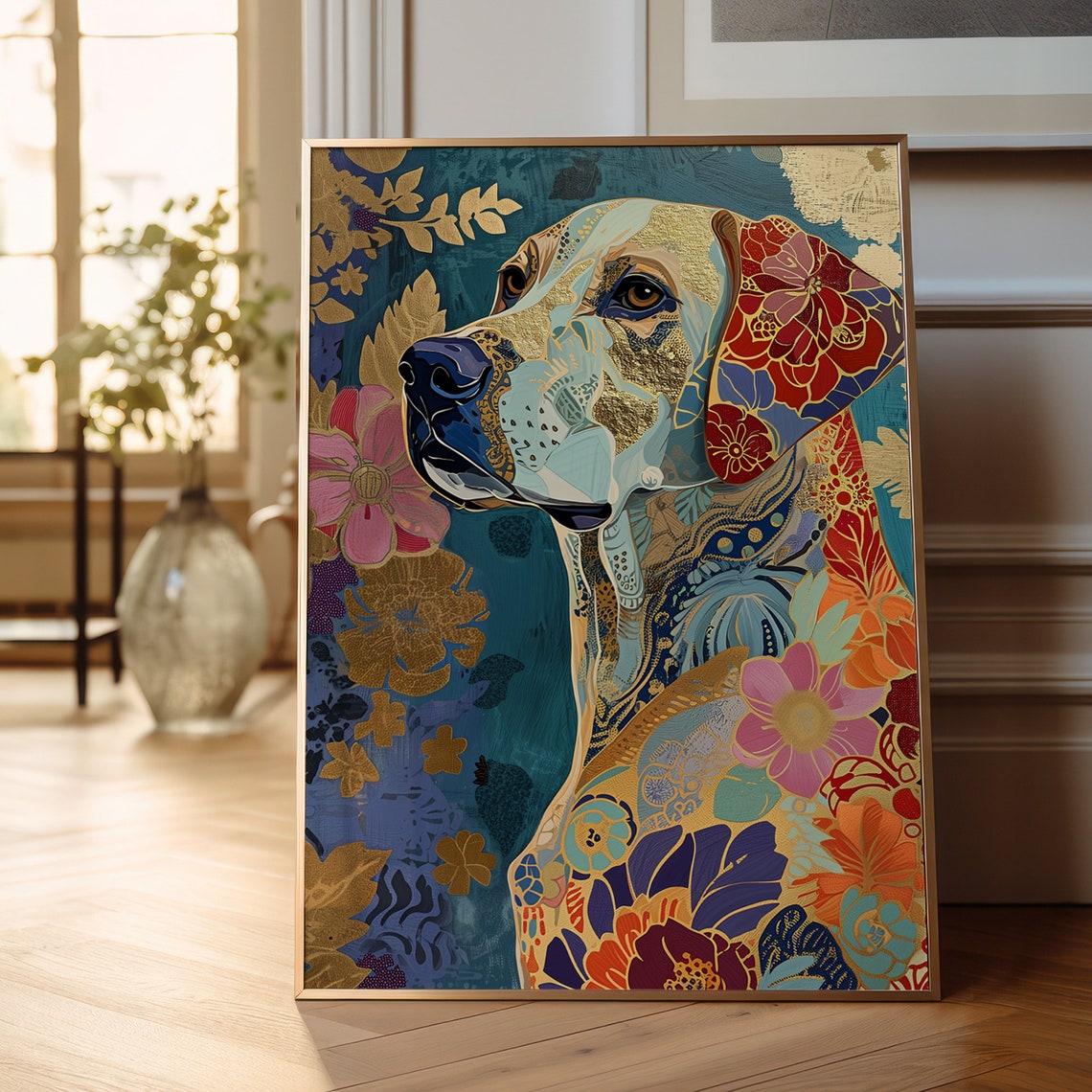 Floral Pattern Dog Portrait in Blue and Gold Boho Art Poster - Image 6