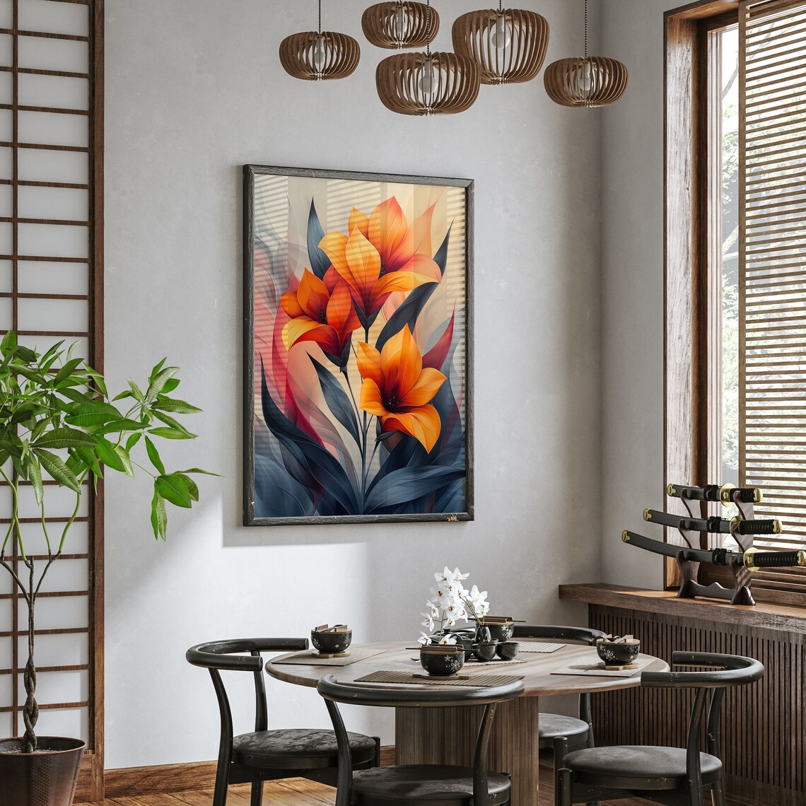 Orange Lily Blooms with Dark Leaves Abstract Floral Art Poster - Image 2