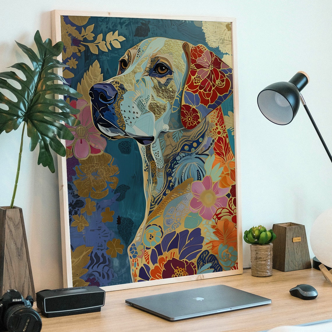 Floral Pattern Dog Portrait in Blue and Gold Boho Art Poster - Image 5