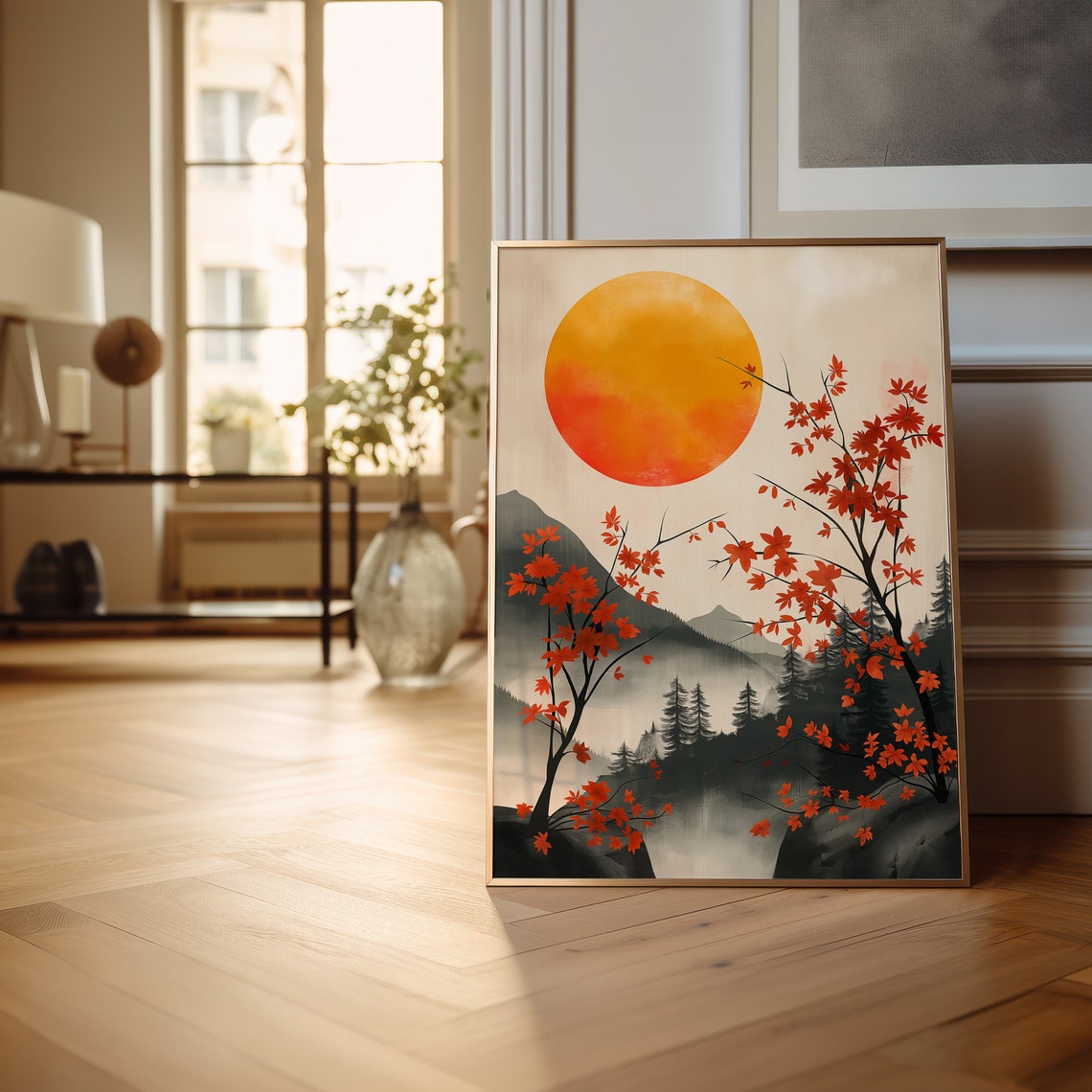 Red Maple Branches Under a Rising Sun Japanese Style Wall Print - Image 3