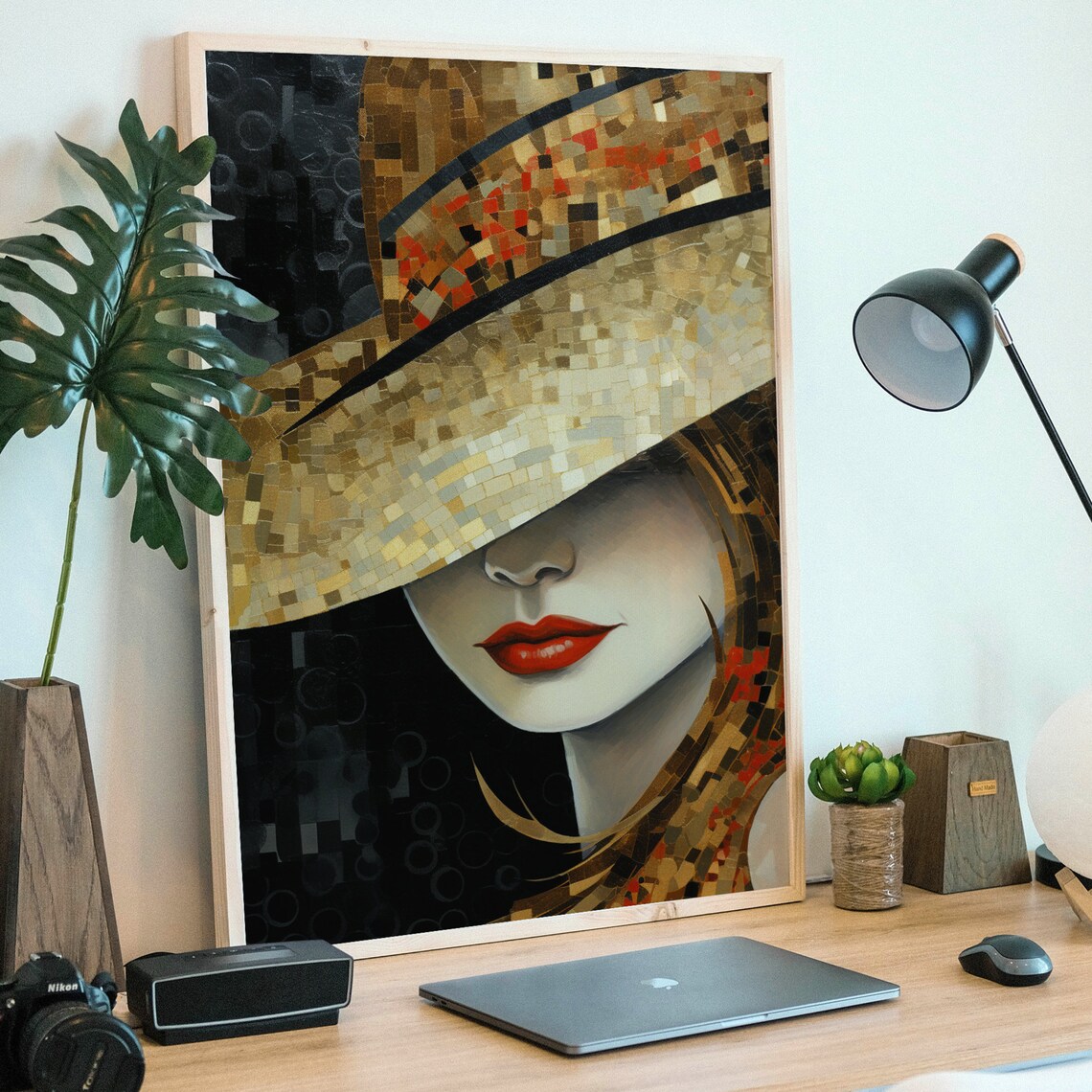 Mosaic Woman in Wide Hat with Red Lips Art Deco Style Poster - Image 3