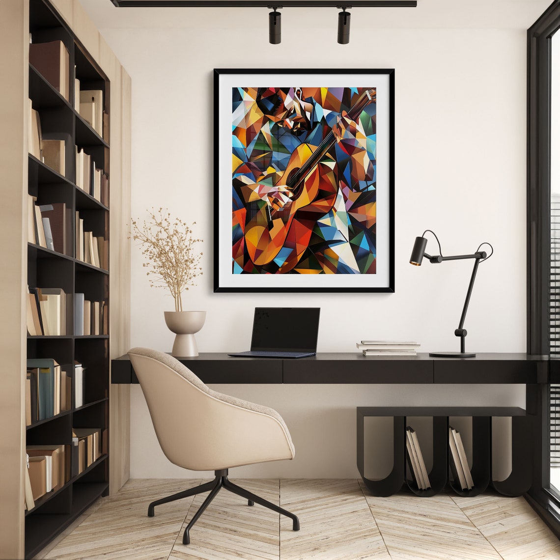 Geometric Guitarist Playing Acoustic Guitar Mosaic Art Poster - Image 3
